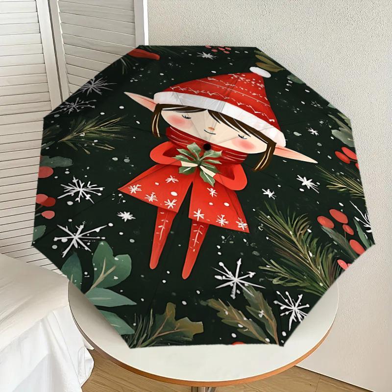 1PC Elf, Christmas Automatic Open/Close Umbrella with Windproof, 8-Rib Sturdy Canopy, Durable Ribs, Fashionable Design, Outdoor Accessory, Fun Prin, H