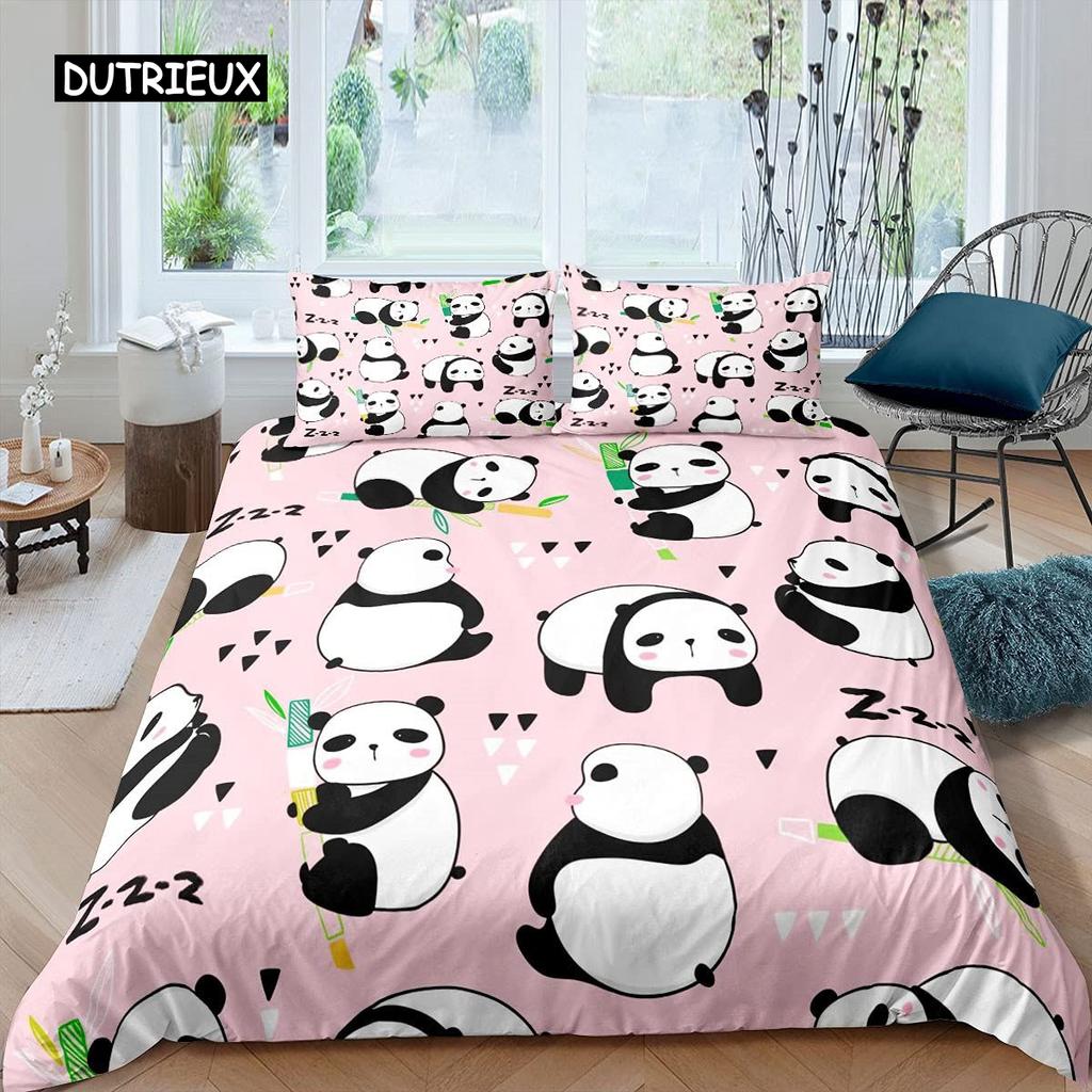 Panda Duvet Cover Set Cherry Blossoms Cute Animal Bedding Set Flower Branches Cartoon Double Queen King Polyester Quilt Cover
