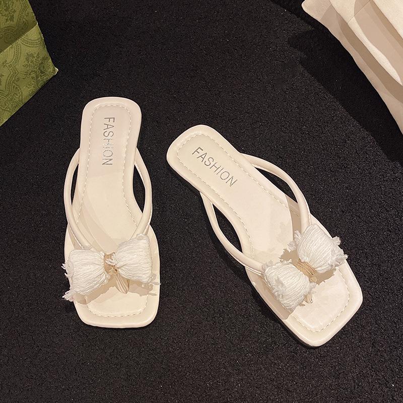 Bow pinch foot flip-flops female summer wear new gentle fairy style with skirt flat bottom cool slippers