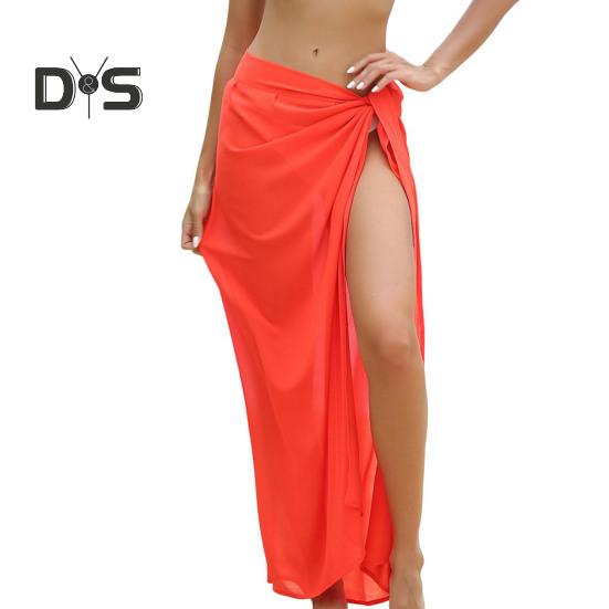 Women Beach Skirt Lace-up Solid Color See-through Thin Quick-Drying Flowy Skirt Sun Protection Bikini Cover Up