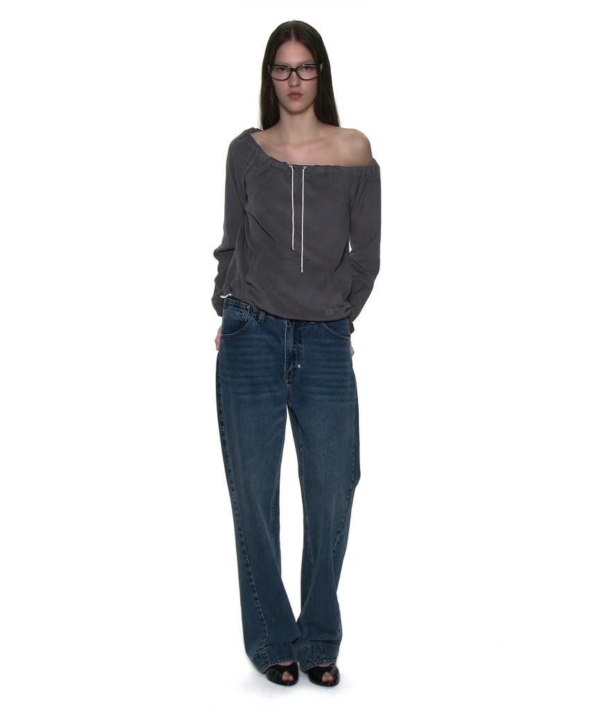 PARTIMENTO WOMEN Terry Drawstring Off-Shoulder Top_Charcoal