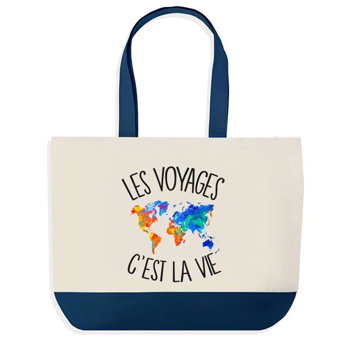 Sac shopping - PLANETEE - Voyages c'est la Vie - Coton 40 x 45 cm - Fond bleu design graphique - Fabriqué en France