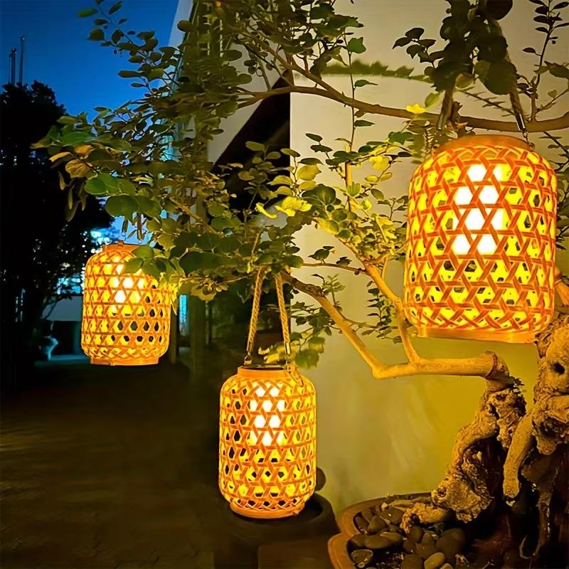 Solar Hanging Lantern Imitation Bamboo Lantern Outdoor Waterproof Plastic Rattan Lantern Courtyard Decoration Garden Light