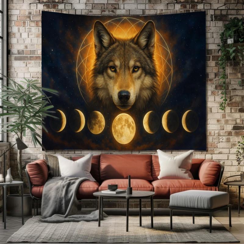 Wolf and Dragon Moon Phase Tapestry Gothic Mysterious Forest Wall Hanging Aesthetic Spirit Animal Bedroom Living Room