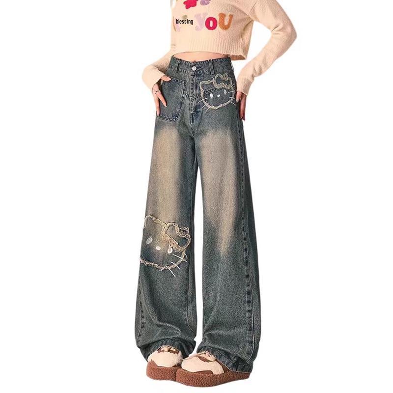 Women’s Retro Cat Embroidered High-Waist Wide-Leg Jeans - 2025 Spring/Autumn Collection