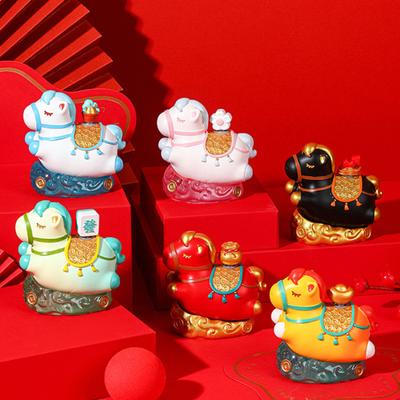 Chinese Style Cartoon Horse Figurine Bring Good Luck Fortune Hand-painted Resin Pony Statue Home Office Desktop Feng Shui Decoration Ornament