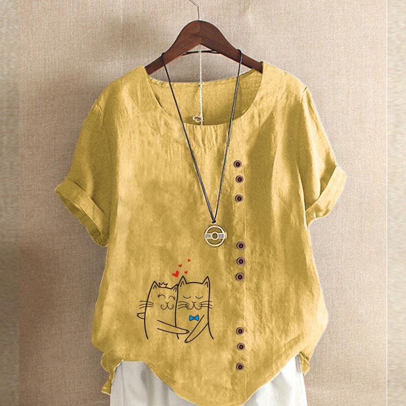 

Женская мода Cat Lovers Printed футболка с коротким рукавом свободная хлопковая рубашка повседневная свободная летняя блузка топы больших размеров XL жёлтый