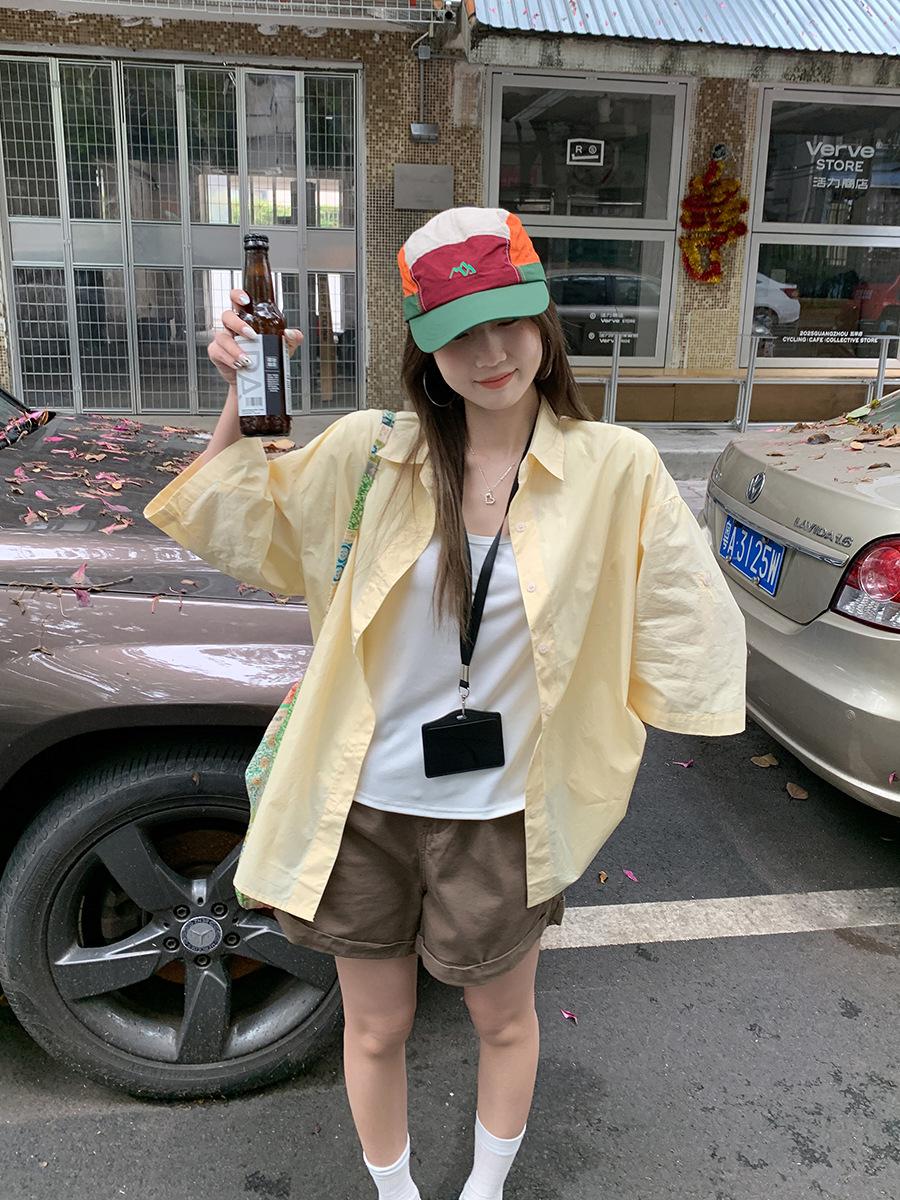 

Premium loose yellow seven-quarter-sleeved lapel shirt women s summer lazy and relaxed with a chic short-sleeved top One size fits all лимонно-желтый