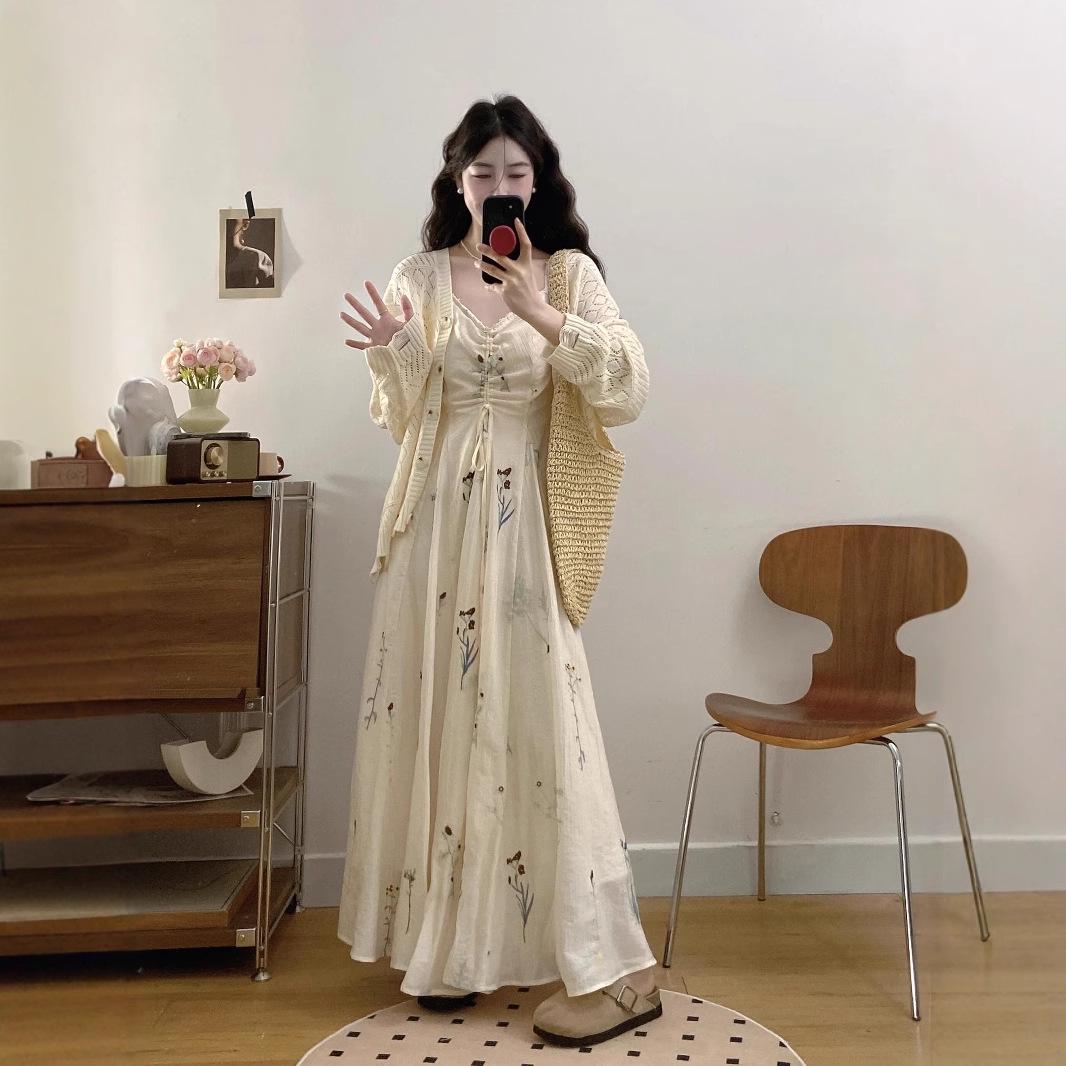 

Plus Size Apricot French Style Ruched Floral Embroidered Long Dress L