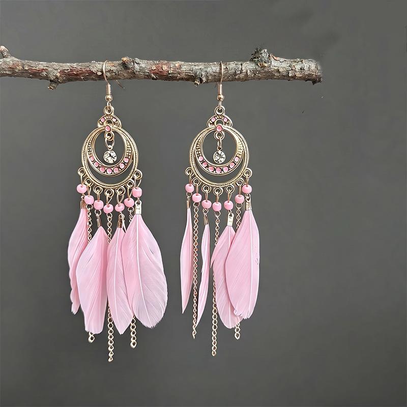 Vintage Bohemian Feather Tassel Earrings Exaggerated Ethnic Vacation Dangle Ear Jewelry Fashion Accessories For Women