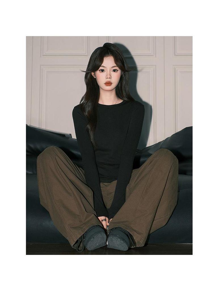Women's Black Round Neck Long Sleeve T-Shirt, 2025 Autumn/Winter Slimming Basic Base Layer Top