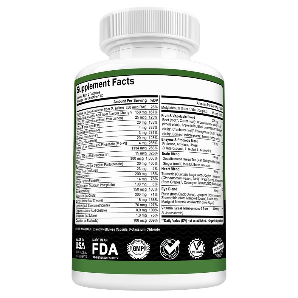 Bunkell Vollwert-Multivitamin-Nahrungsergänzungsmittel, aus Vollwertkost gewonnen, mit Probiotika & Enzymen, 120 Kapseln