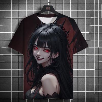 Summer New Men's Casual Short Sleeve T-Shirt Halloween Vampire Anime Girl Comfortable Breathable Retro Printed Short Sleeve