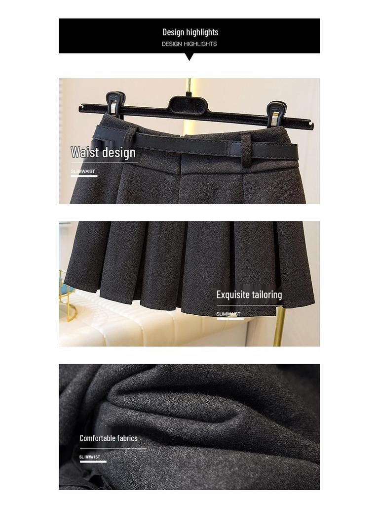 2026 Petite Plus Size Wool Pleated Midi Skirt - High Waist, Versatile School Style with Belt