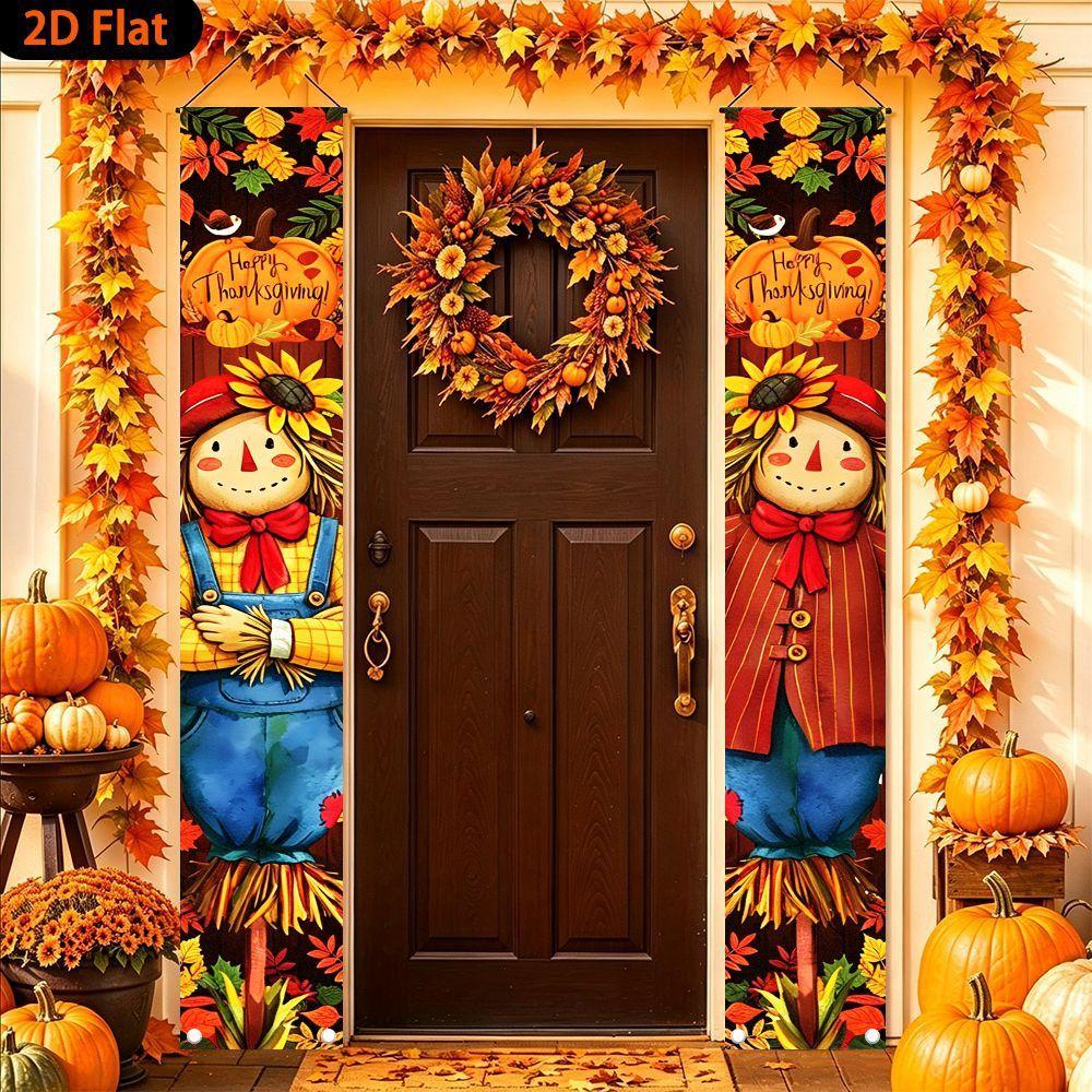2D Flat, 2pcs Happy Thanksgiving Banner Suitable for Porch, Door & Wall Decor - Scarecrow Sunflower Maple Leaf Fall Decoration with Couplet, Indoor/Ou