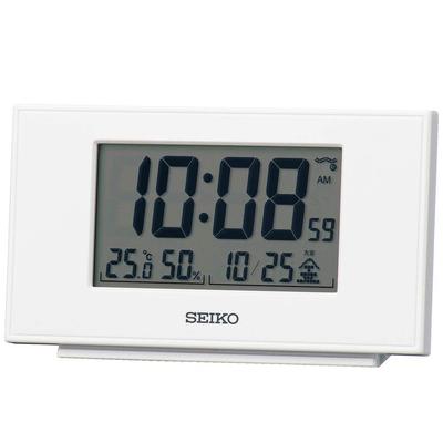 Seiko Clock Table Clock White Pearl Body X X Cm Alarm Clock Radio Digital Calendar Temperature Humidity Display SQ790W Size 7.8 13.5 3.8