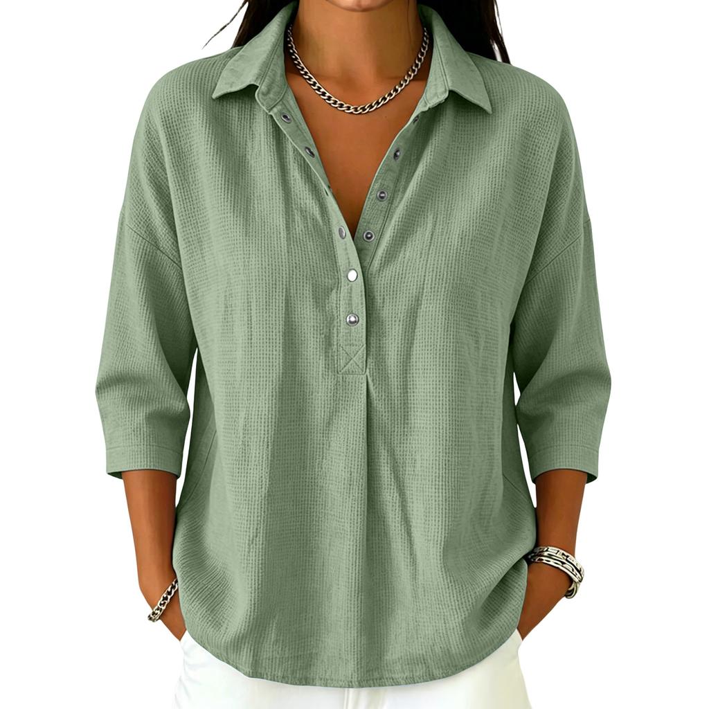 Women's Waffle Knit Top Collar V Neck Half Button 3/4 Sleeve Loose Fit Casual Blouse Multi Color