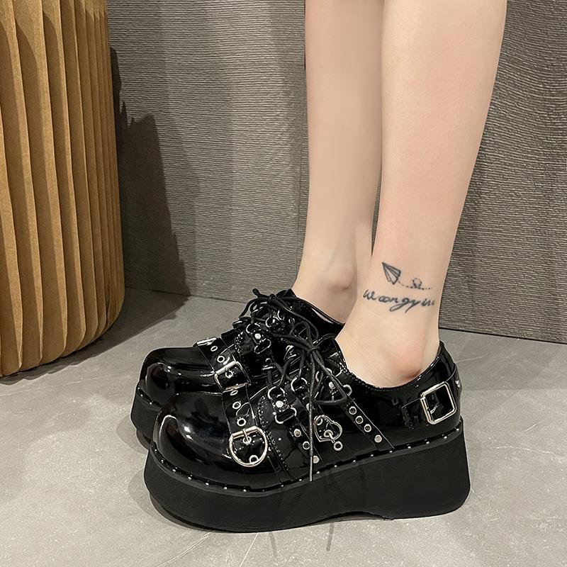 Fashion Punk Style Shoes Woman Platform Heel Metal Rivet Dark Bat Fashion Trendy Women Pumps Wedge Bottom Black School Student Shoes