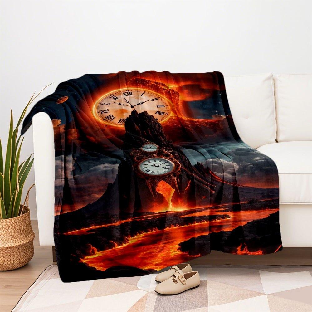 "Timeless Eruption: Fantasy Clockwork Volcano Art Print"Blanket Flannel Throw Blanket for Sofa, Bed, Travel, Camping, Office