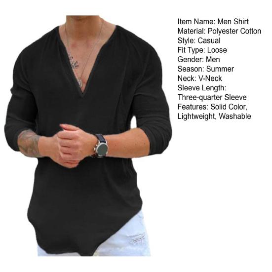 Summer Men T-Shirt Sweat Absorption Solid Color Three-quarter Sleeves V-Neck Loose Fit Shirt Top Streetwear for Men
