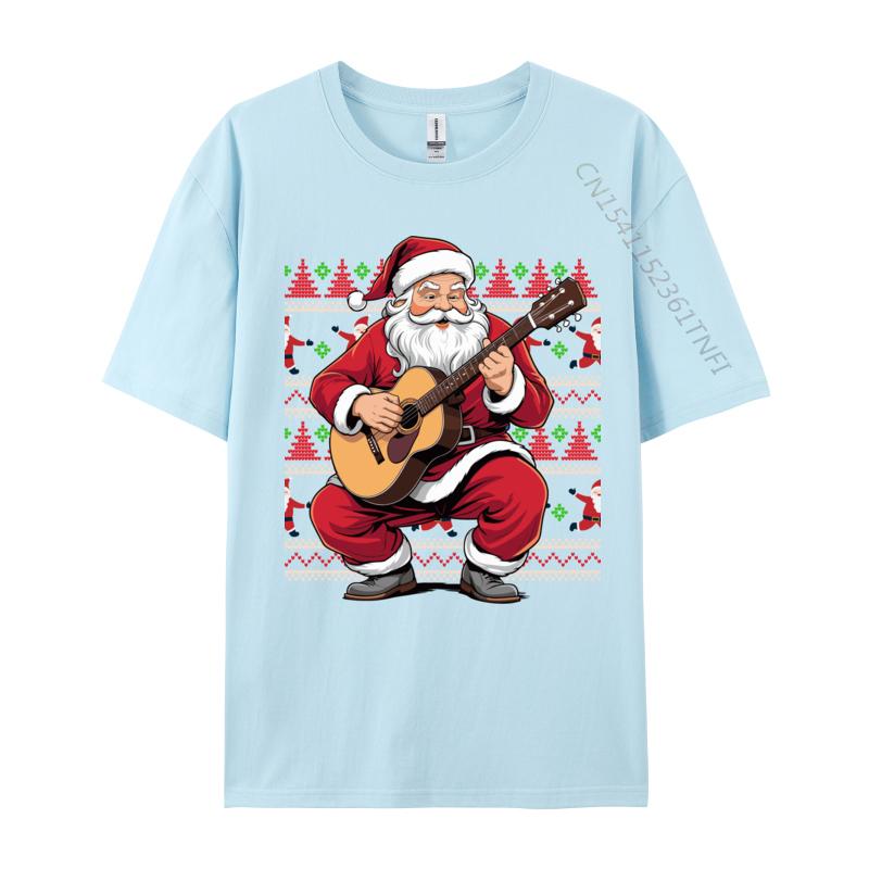 Santa Playing Guitar Funny Christmas Classic Guitar Santa T-Shirts Autumn 100% Cotton Top T-Shirts Student Tee Shirts