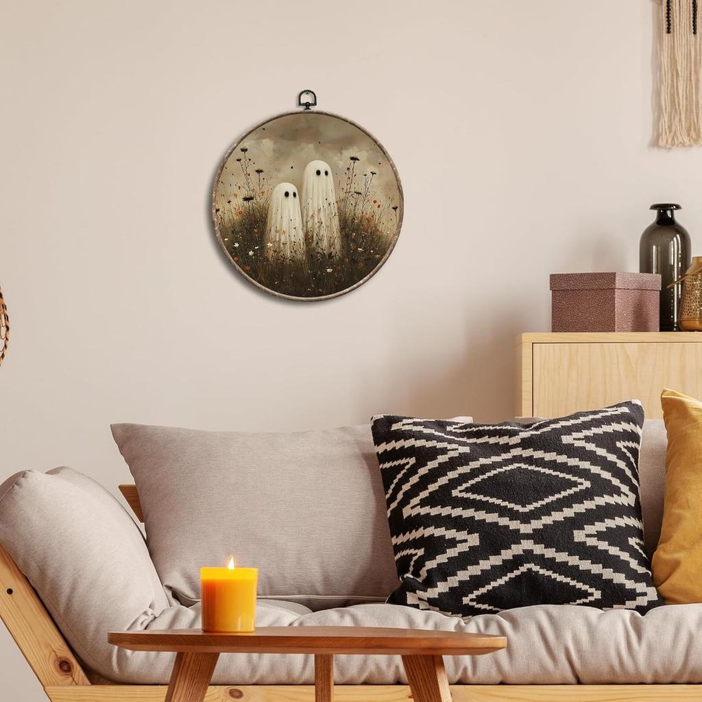 EGVQK Vintage Halloween Ghost Round Wall Art, Moody Wildflower Spooky Ghost Framed Canvas Prints Wall Art, Halloween Round Canvas Hanging Walls Decor