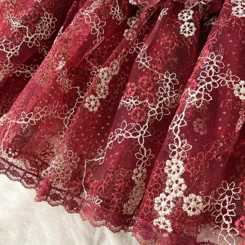 Summer Lace Hook Flower Embroidered Bubble Sleeve Dress for Womenfashion Slim Waist Dress Female A-line Cake Party Retro Dress