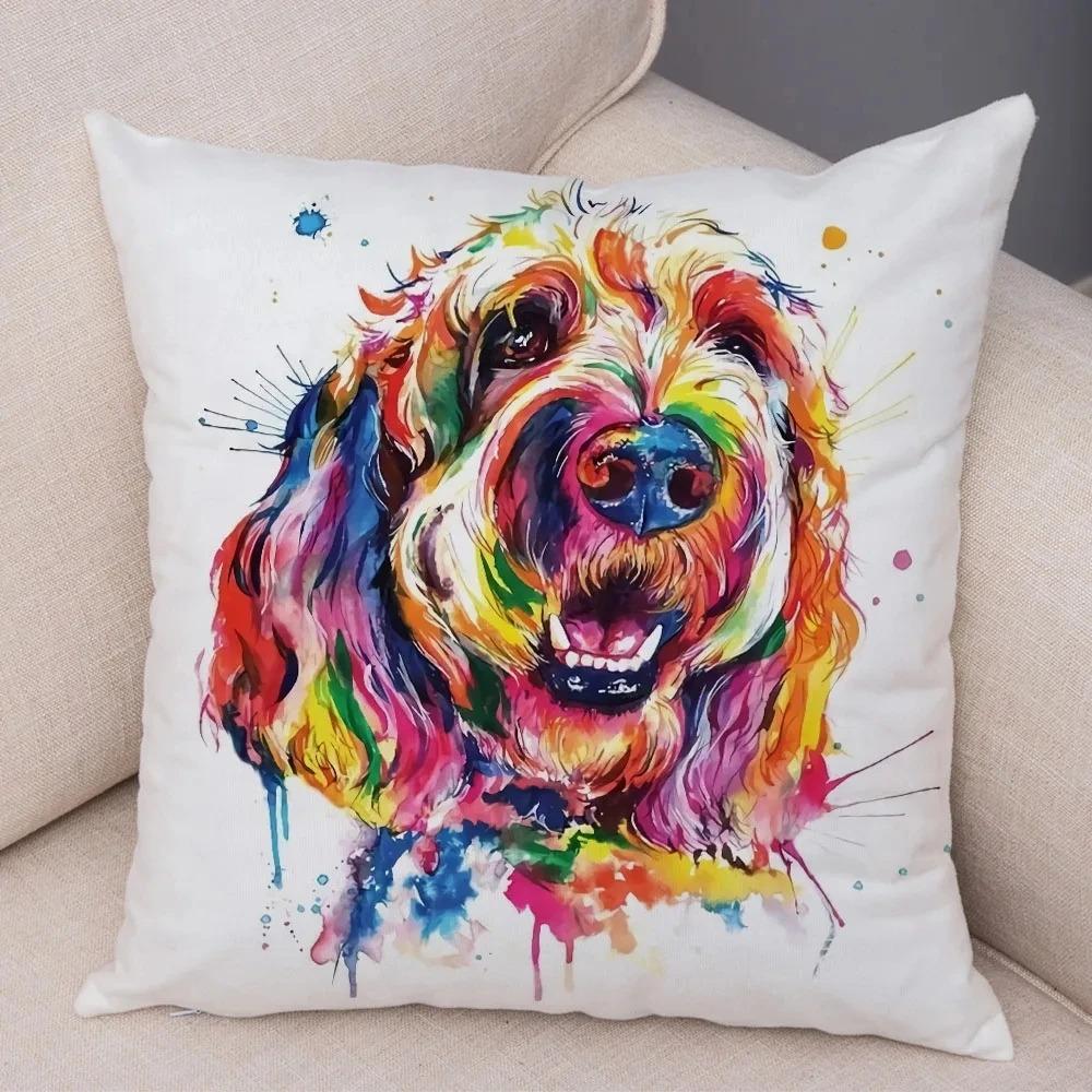 Cute Watercolor Pet Dog Pattern Pillowcase Car Ornaments Office Living Room Sofa Home Pillowcase