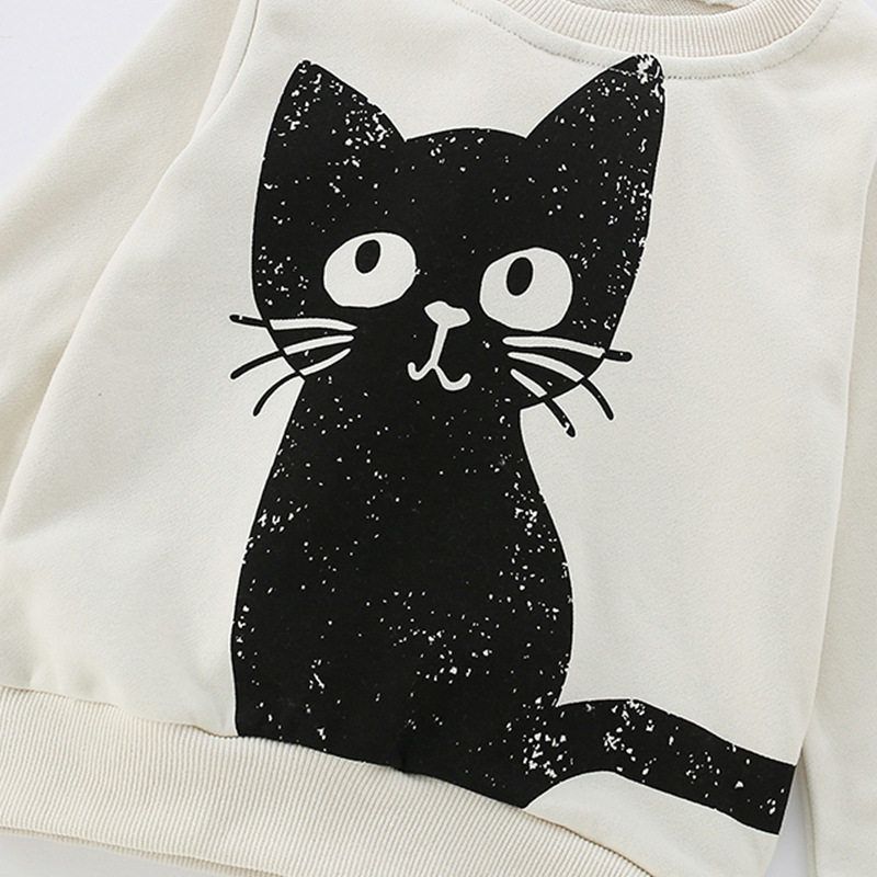 Girls' Off-White Cat Sweatshirt, Spring and Autumn 2025 New Style, Stylish Baby Girl Top, Autumn Clothing, Children's Pullover