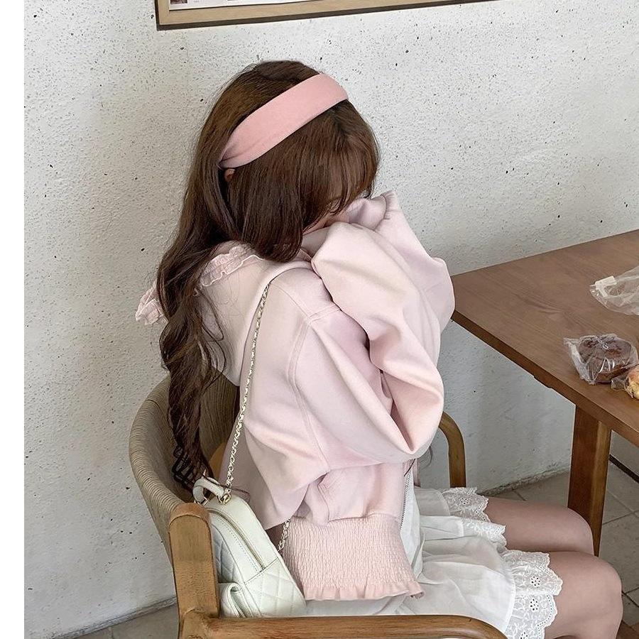 Zipper Cardigan Jacket Women's Sweet Pink Hoodies Woman Tops Ruffles Spring Autumn Sweatshirts Hooded