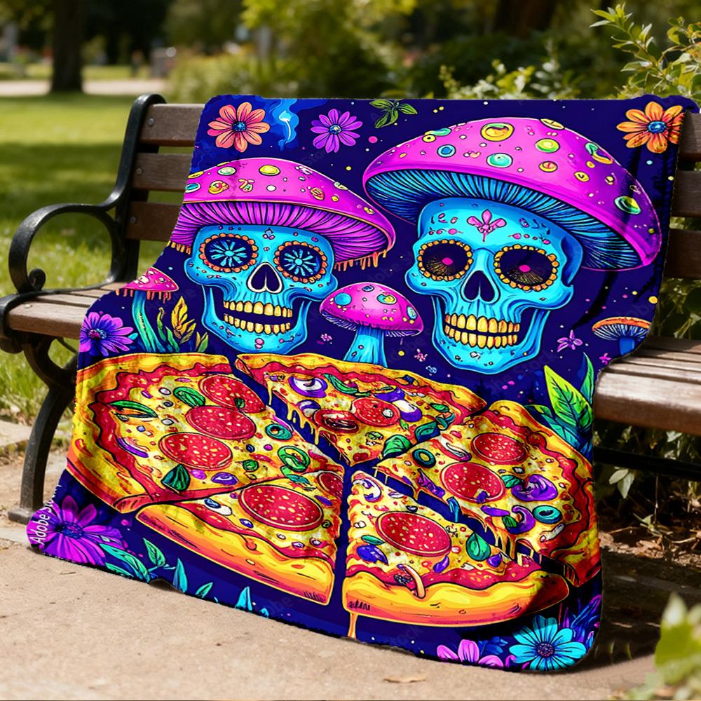 1pc Psychedelic Mushroom Pizza Print Outdoor Blanket, Lightweight Polyester,