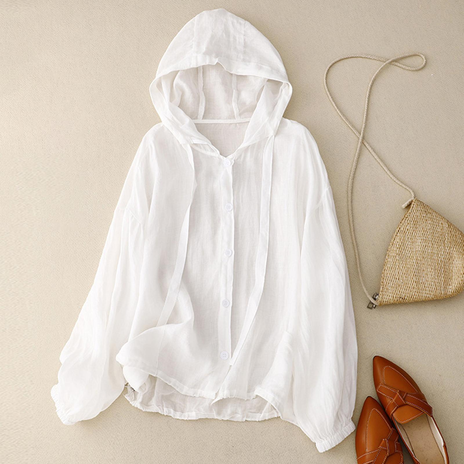 

Women s Lightweight Hooded Sun Protection Jacket Long Sleeve Button Front Loose Fit Casual Outdoor Shirt with Elastic Cuffs M білий