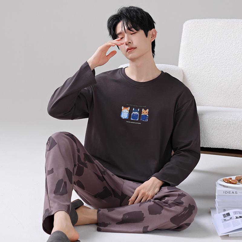 Pajamas men's spring and autumn pure cotton long-sleeved trousers men's teenagers can wear casual large-size loungewear in autumn