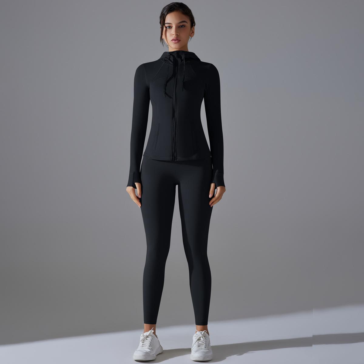 

New Outdoor Running Sports Two-Piece Set Solid Color Quick Drying Yoga Suit Hooded Zipper Fitness Set Two-Piece Set For Women S
