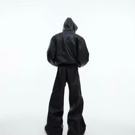 Men's Deconstructed PU Leather Hooded Jacket - Autumn/Winter 2025, Loose Scimitar Sleeve Design