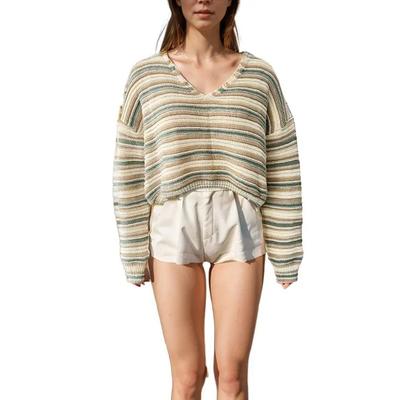 Women's Sweater Long-sleeved V-neck Loose Striped Knitted Sweater