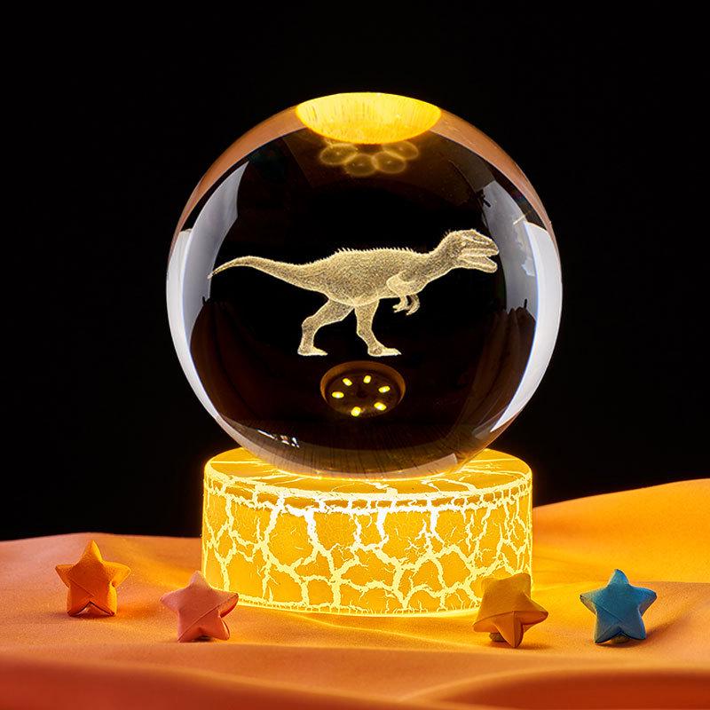 Dinosaur Cartoon 3D Crystal Ball Night Light - Luminous Glass Ornament Birthday Gift
