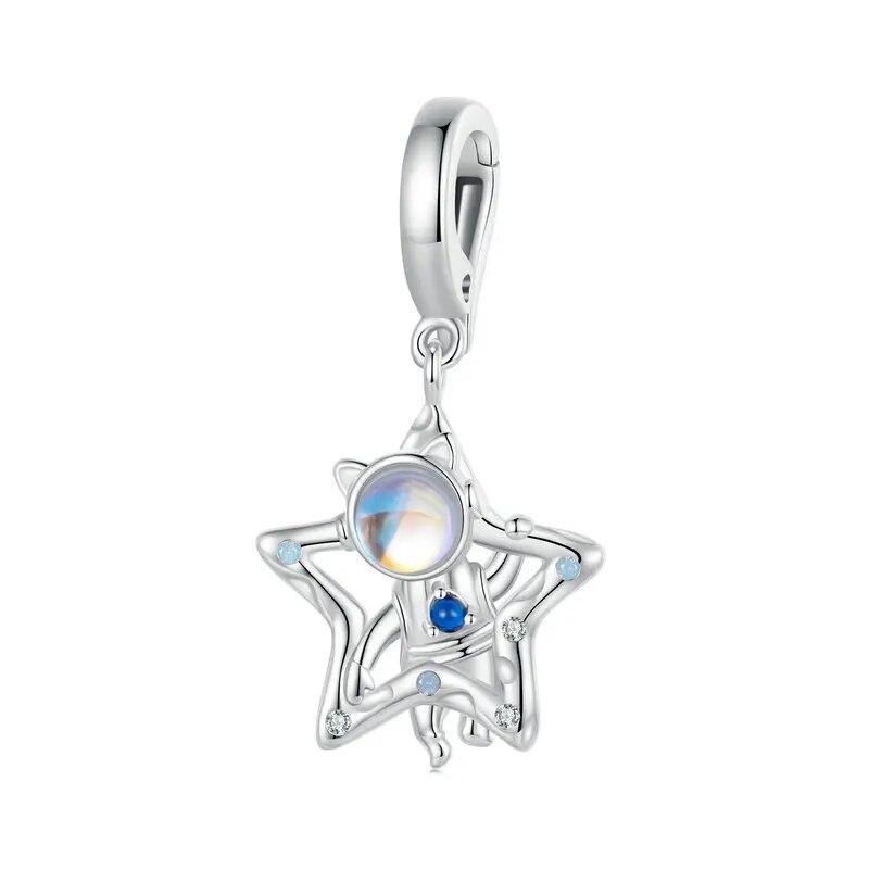 WOSTU 925 Sterling Silver Sparkling Dreamcatcher Shooting Star Pendant Moonstone Astronaut Charm Fit Original Bracelet For Women