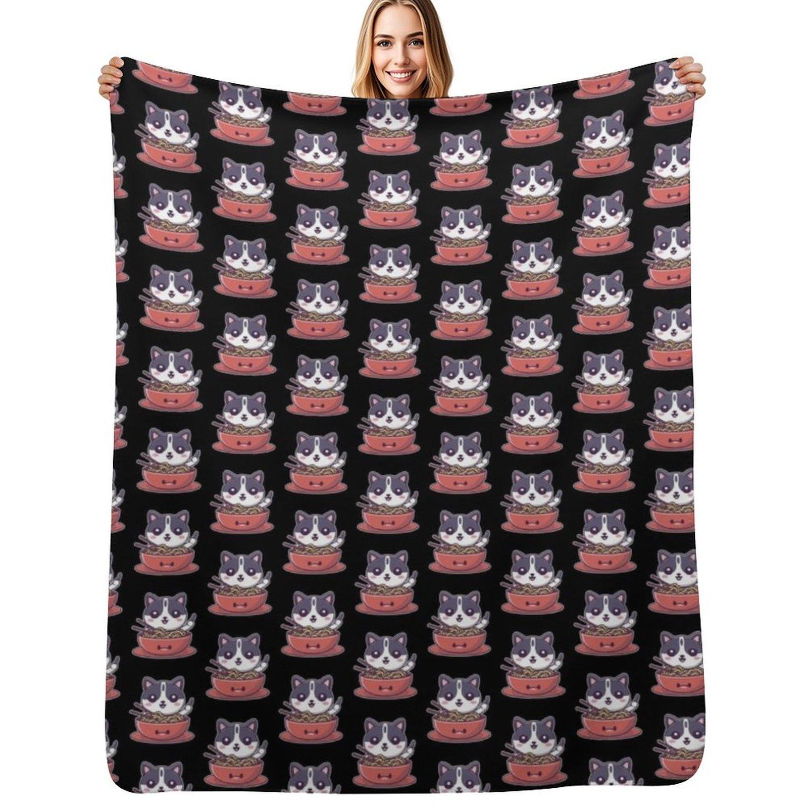 

Kawaii Cat Noodle Time Cute Cat Eating Noodles Throw Blanket Cozy Light Blanket for Travel Camping Picnic 102x76cm(40x30in)