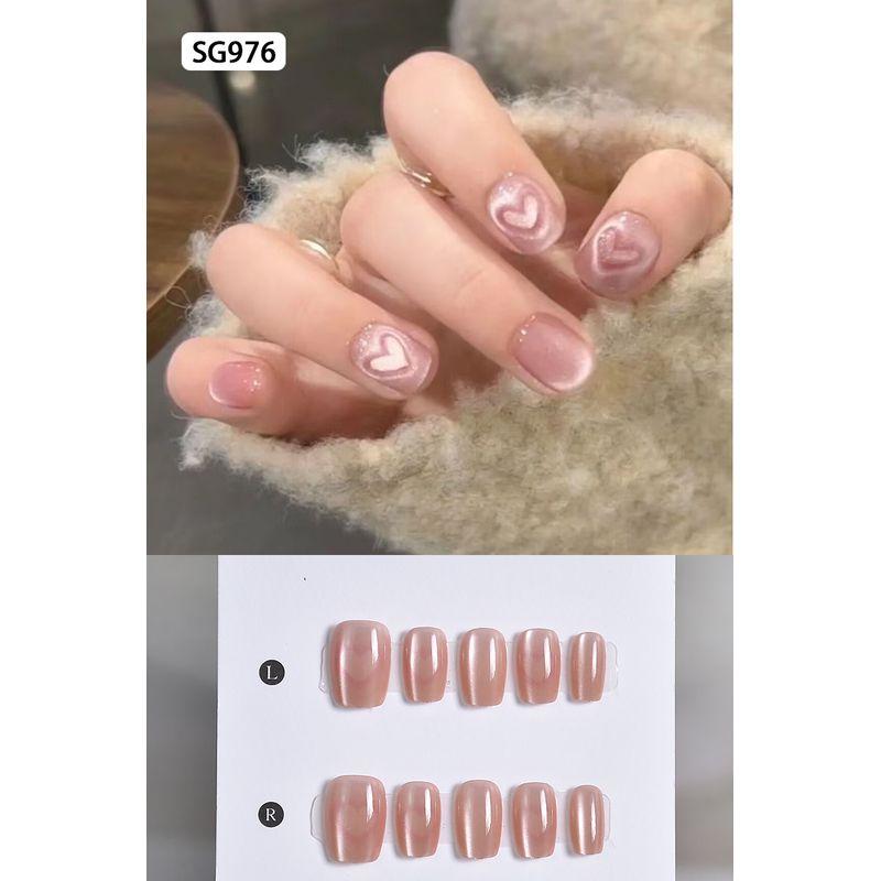 Handmade Wearable Nails 2026 New Style High-End Medium-Length Cat Eye Nail Stickers Short Nail Art Nail Patches Sg976 Heartbeat Cat Eye XS code