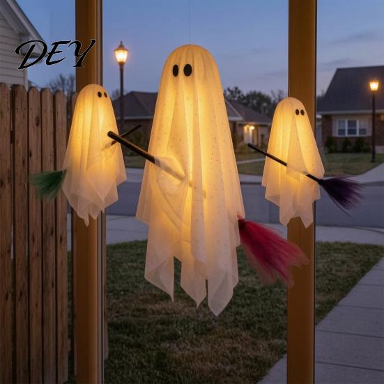 Halloween Hanging Ghost Decorations 3 Pcs Decorations, Spooky with Broom, Lighted Yard Ornaments Large Flying White for Tree Porch Patio Decor Ceiling