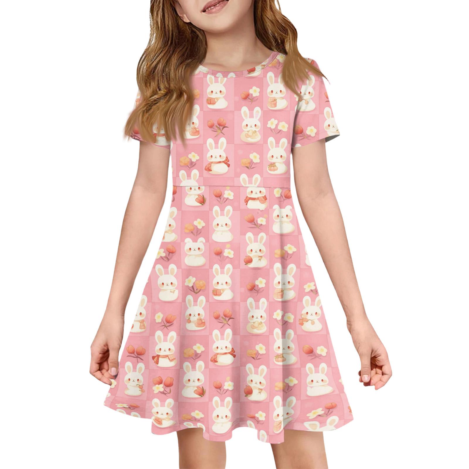

Girl Summer Dress Color & Print Short Sleeve Dress With Pocket Casual Dress Shorts Sleeve Party Dress Easter Day 160 рожевий