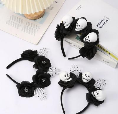 1PC  Halloween Skull Headbands Set, Black Rose & Skeleton Hand Design, Spooky Festive Hair Accessories