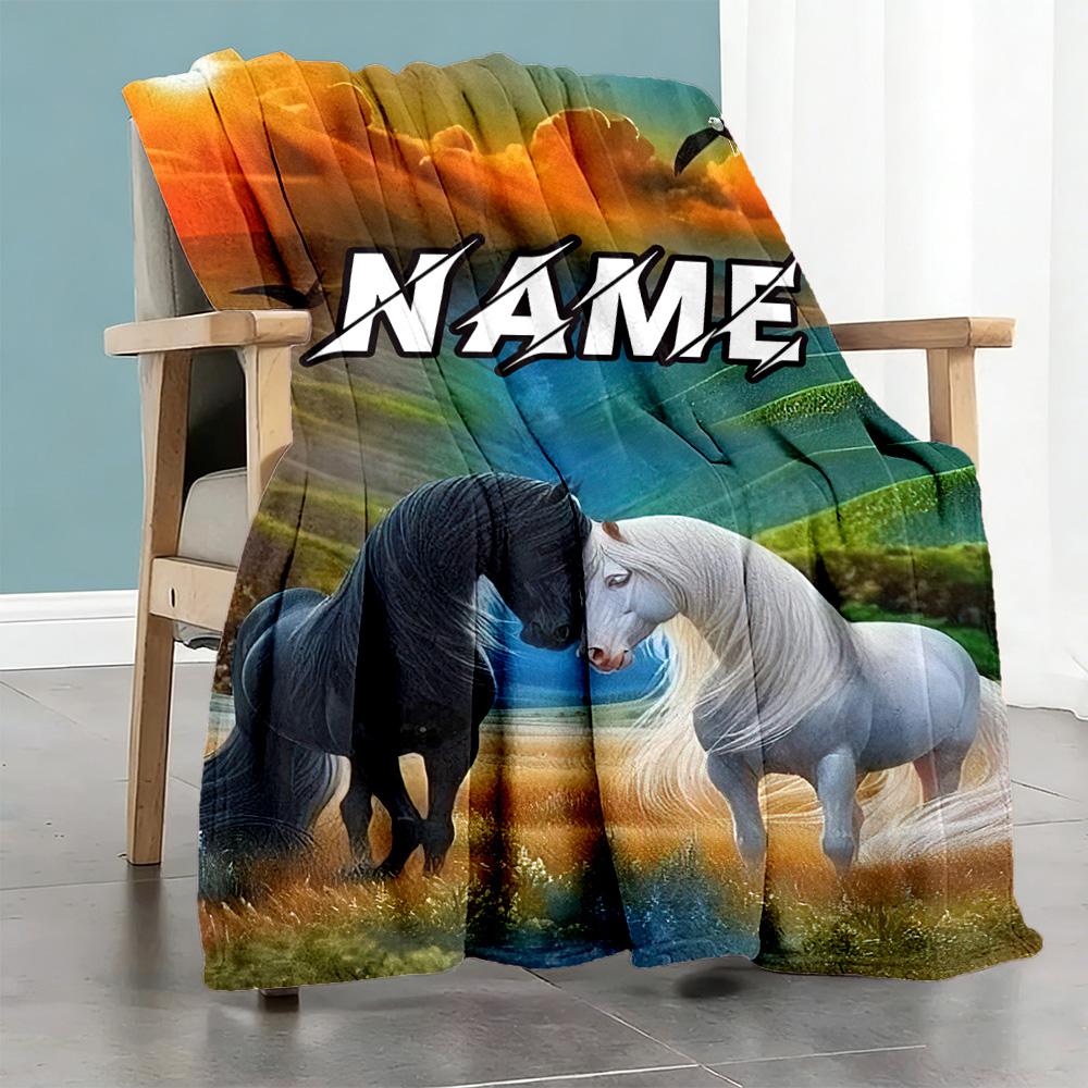 Black White Horse Customize Your Name Blanket Cozy Customizable Blanket Soft Warm Cozy Suitable for Nap Bedding Office Bed All-Season Use