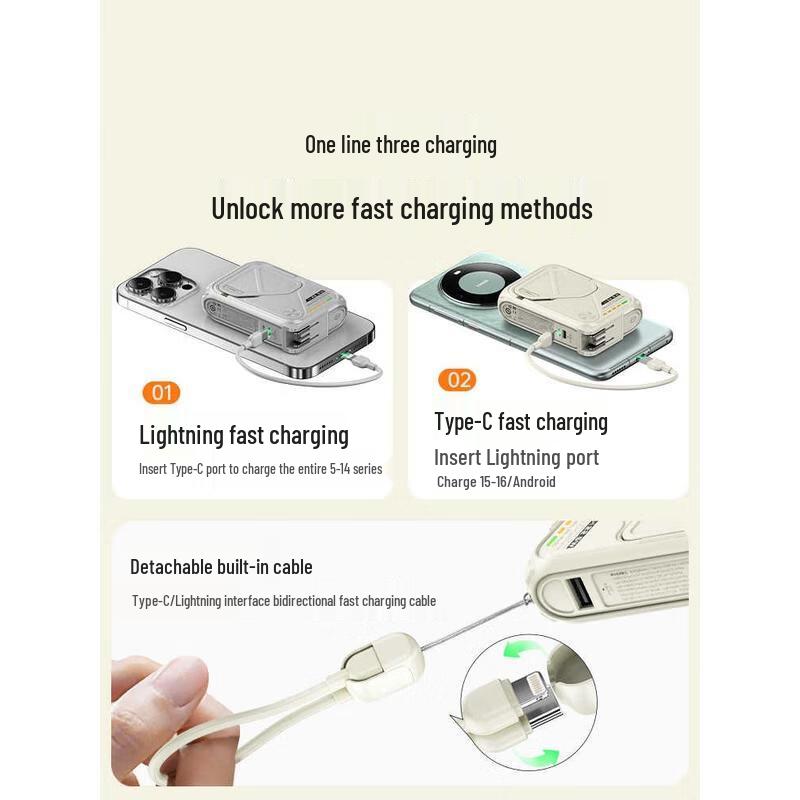 HANDUNYOU 10000mAh 3-in-1 Magnetic Power Bank with Built-in Cables