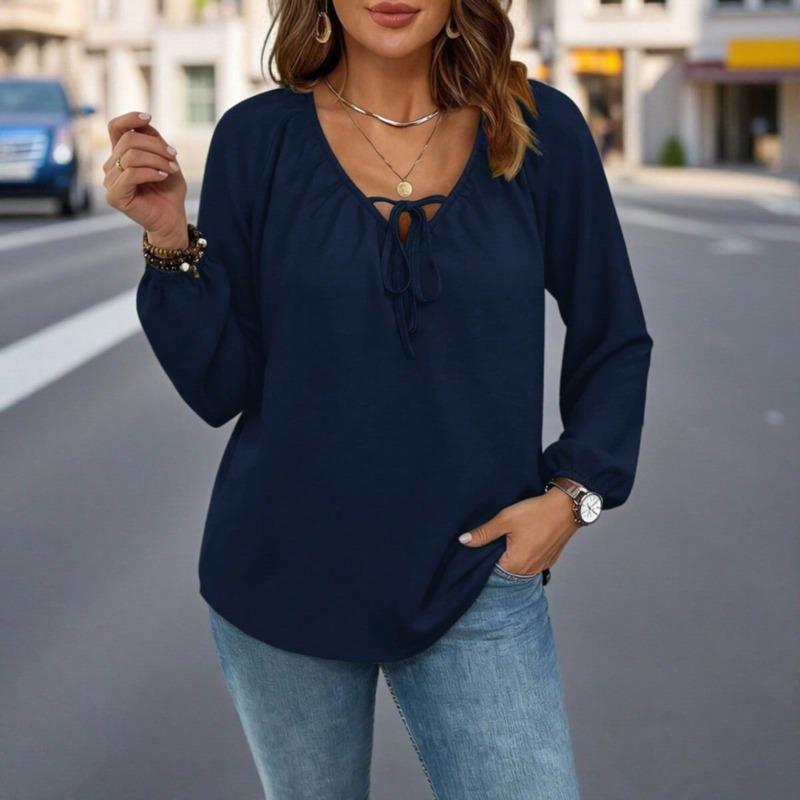 JPNTKY Women's Fashion Casual Solid Color Print V-Neck Long Sleeve Blouses & Shirts