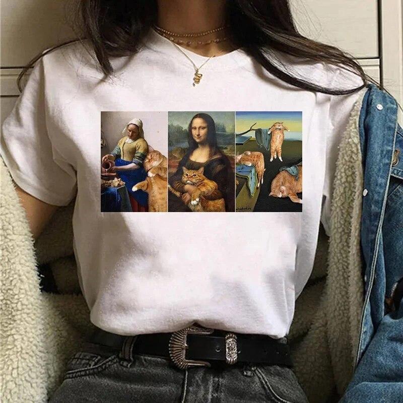 Camiseta Gato Van Gogh woUnisex estampado artístico pintura al óleo hermosa linda divertida camiseta dibujos animados años 90 ulzzang top casual camiseta mujer