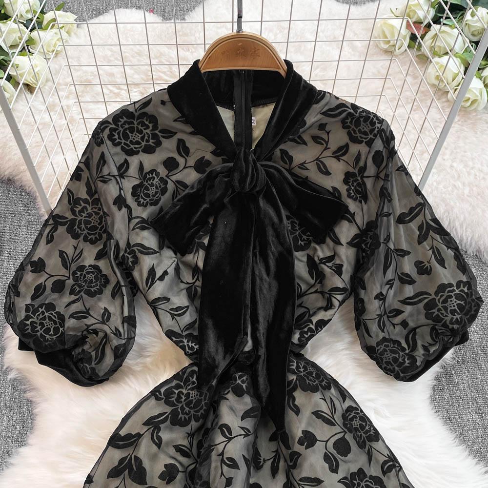 French Elegant Bow Puff Sleeve Dress Women 2025 Spring Autumn New Flocking Floral Waist Slim Long Dresses Patchwork Party Clothing