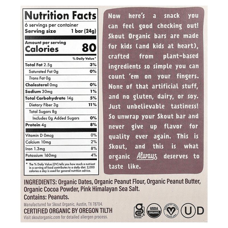 Kids Snack Bars, Chocolate Peanut Butter, 6 Bars, 0.85 oz (24 g) Each