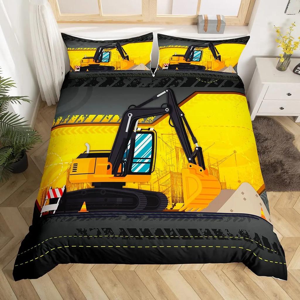 Bagger Königin Bettbezug Cartoon Baufahrzeug Bettwäsche-Set für Kinder Jungen Mädchen Traktor 2/3-teilig Polyester Bettdeckenbezug